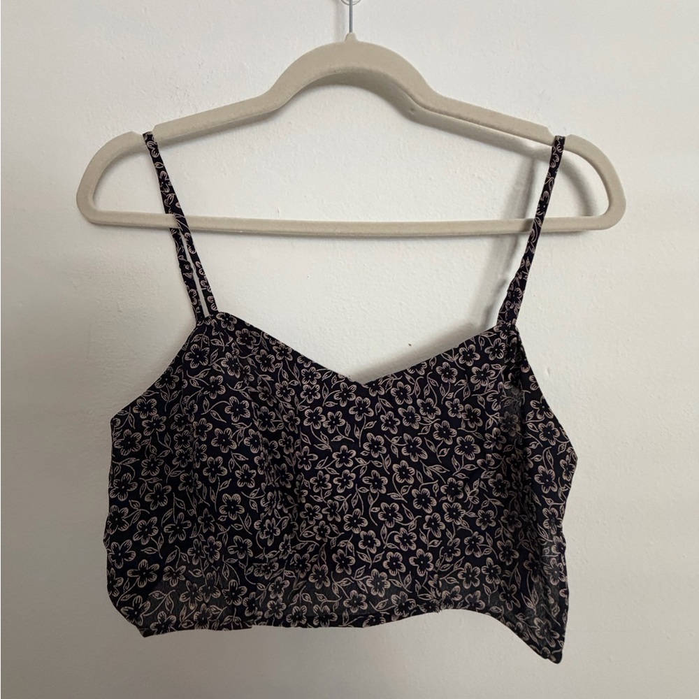 Floral Print Spaghetti Strap Crop Top - Black